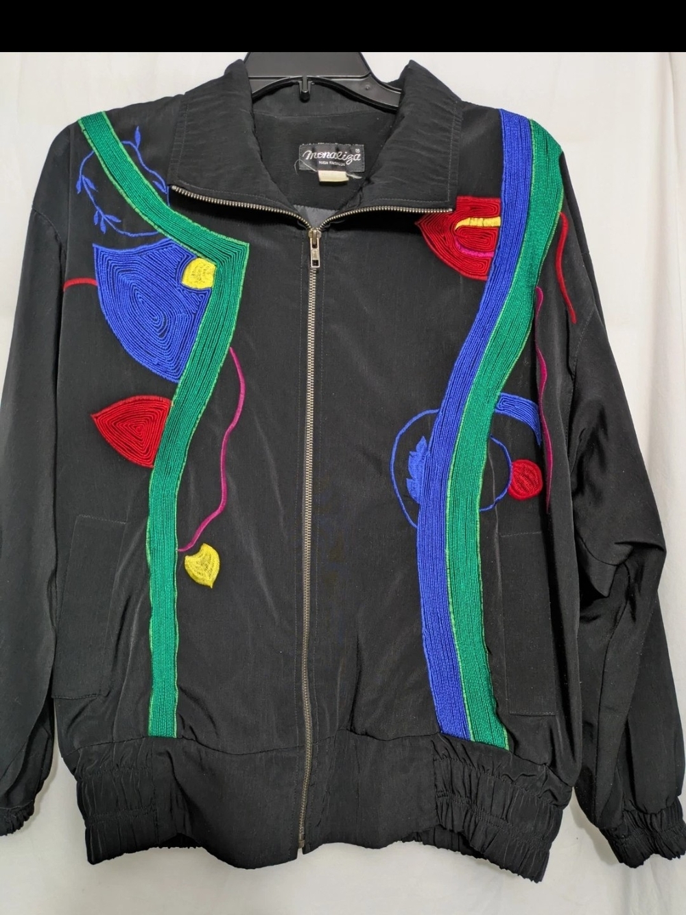 Vintage 80s 90s Black Soutache Embroidery Art Jacket Colorful Abstract Zip Up...